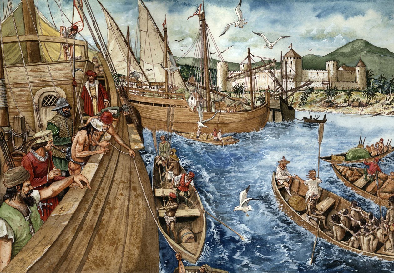 Kolonisierung der Goldküste (Ghana) in Afrika: Die Portugiesen landeten am 21.01.1482 an der Küste von Guinea und bauten das Fort Sao Jorge de Mina (Elmina), um den Gold- und Sklavenhandel zu stärken. Portugiesische Karavellen entlang der afrikanischen Küs von Giorgio Albertini