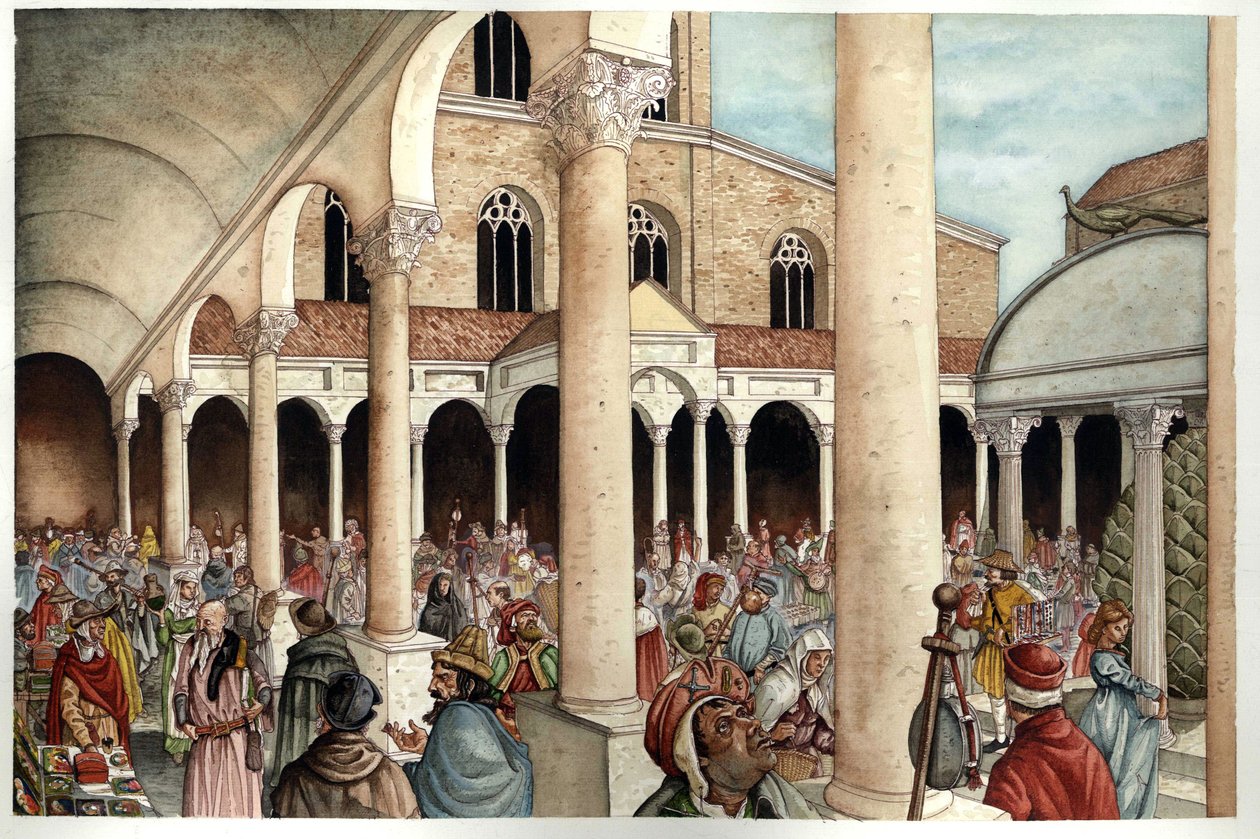 Mittelalter: Gläubige, Pilger, Händler und Römer dargestellt im 13. Jahrhundert im Peristyl (Eingang) der antiken Basilika St. Peter in Rom (St. Peter oder Basilika San Pietro oder Basilika Konstantins) aus dem Römischen Reich, Rom von Giorgio Albertini