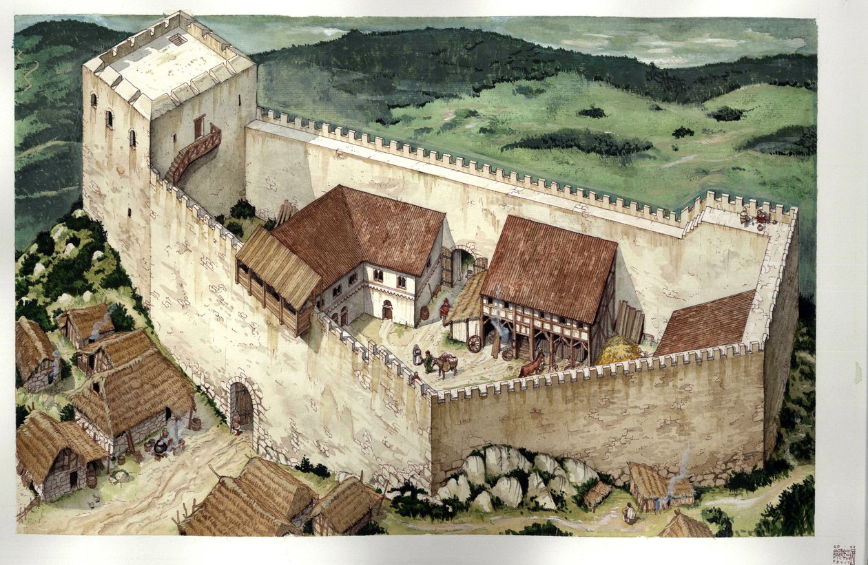 Mittelalter: Rekonstruktion der Katharerburg Montségur, abgeschlossen im 13. Jahrhundert, Ariège, Frankreich. von Giorgio Albertini