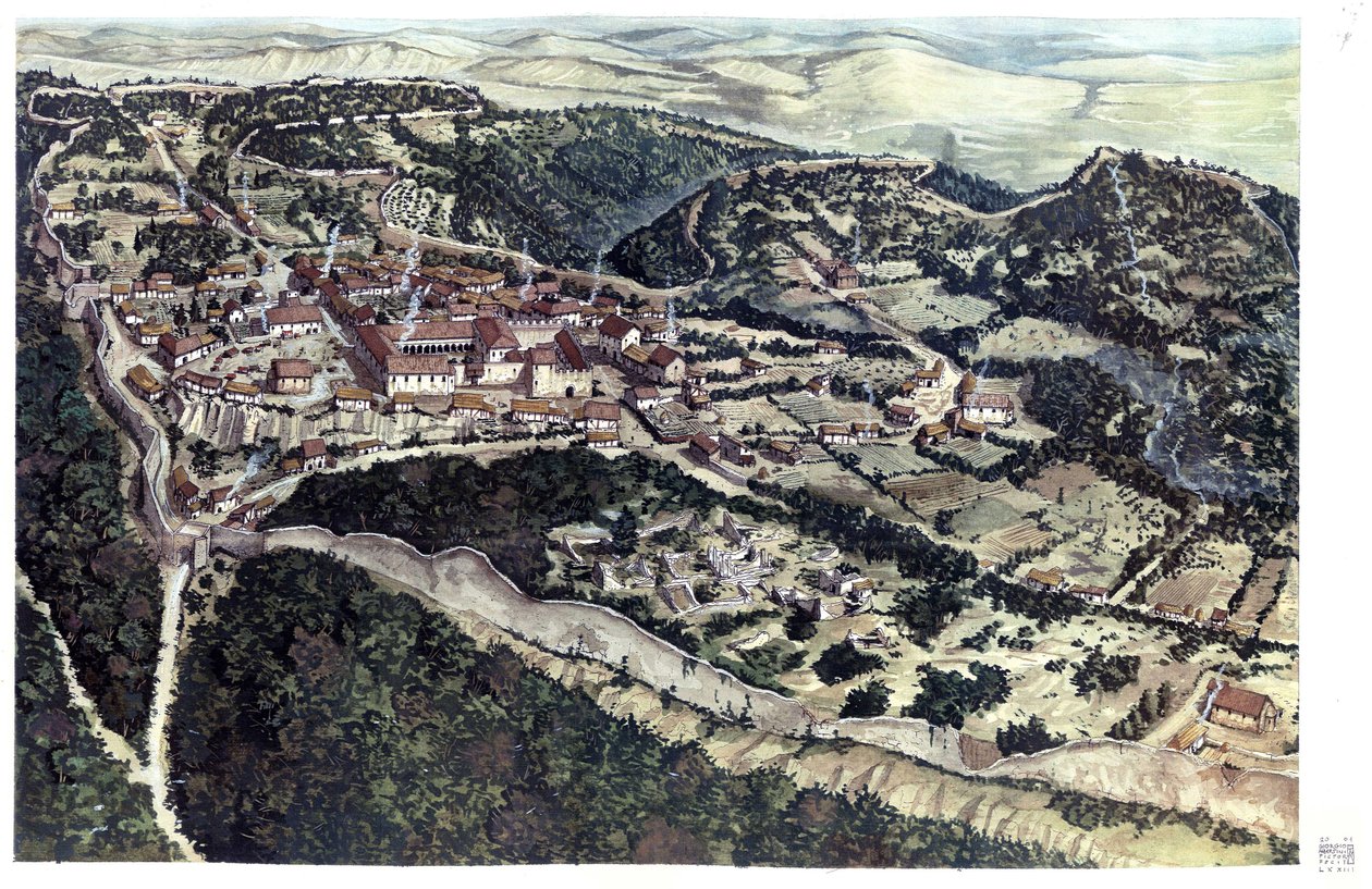 Mittelalter: Ansicht der mittelalterlichen Stadt Volterra, umgeben von Stadtmauern, im 10. Jahrhundert. Toskana, Italien. Illustration von Giorgio Albertini. von Giorgio Albertini