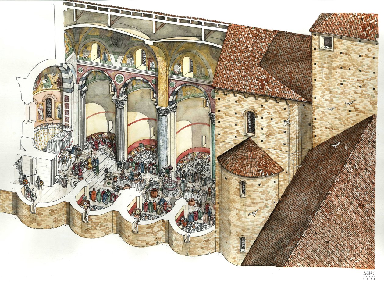 Rekonstruktion der Basilika St. Johannes im Lateran im 8. Jahrhundert: Der architektonische Schnitt zeigt das Triclinium und die Einweihungszeremonie eines Papstes. Rom von Giorgio Albertini