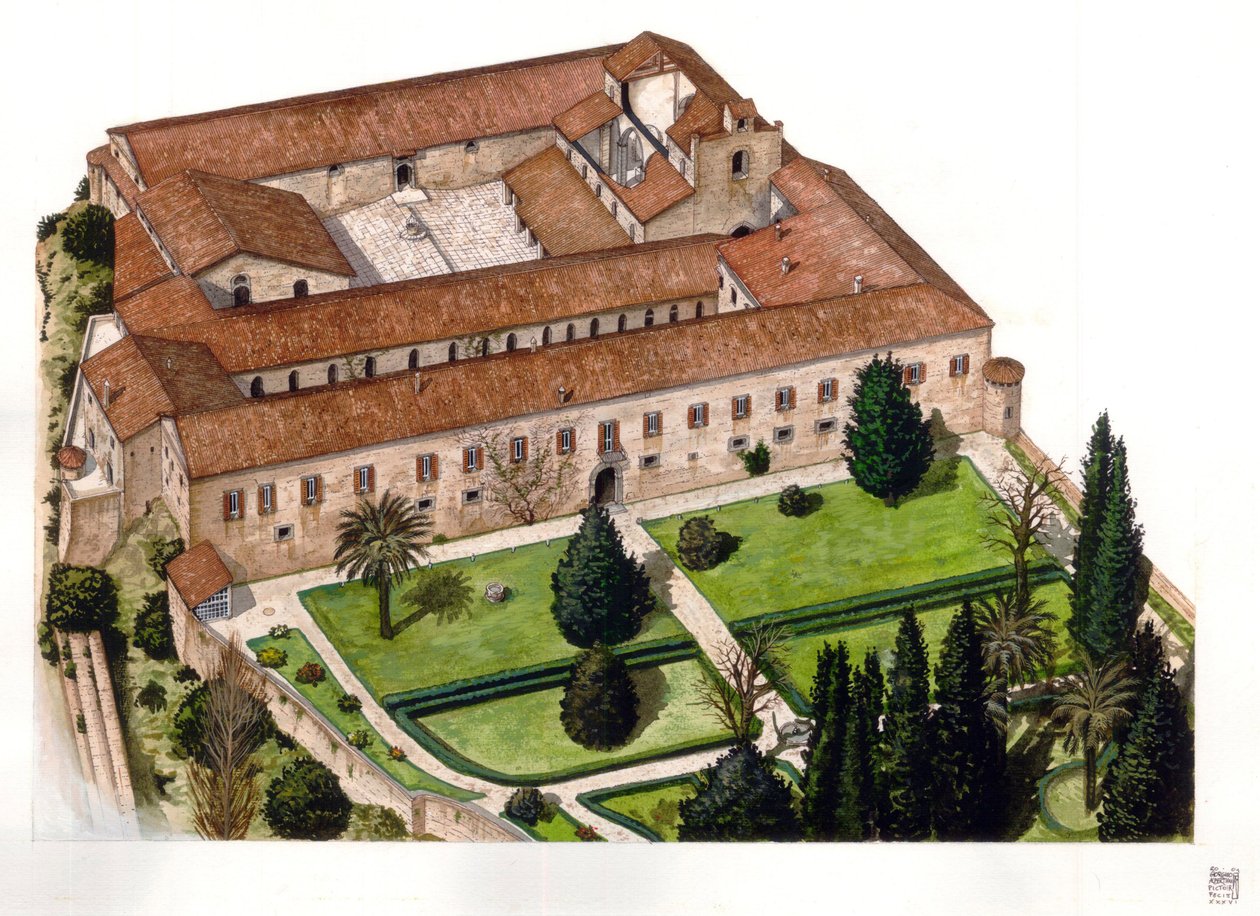 Rekonstruktion des Schlosses Nelson, erbaut 1173, das Ferdinand III. von Sizilien 1799 Admiral Horatio Nelson schenkte, in Bronte bei Catania in Sizilien, Italien. Illustration von Giorgio Albertini von Giorgio Albertini