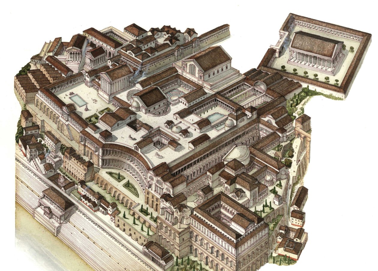 Römische Antike: Rekonstruktion des Palatin-Hügels im 4. Jahrhundert, auf dem aufeinanderfolgende Kaiser (Augustus, Nero, Septimius Severus) ihre jeweiligen Paläste bauten. Rom, Italien von Giorgio Albertini
