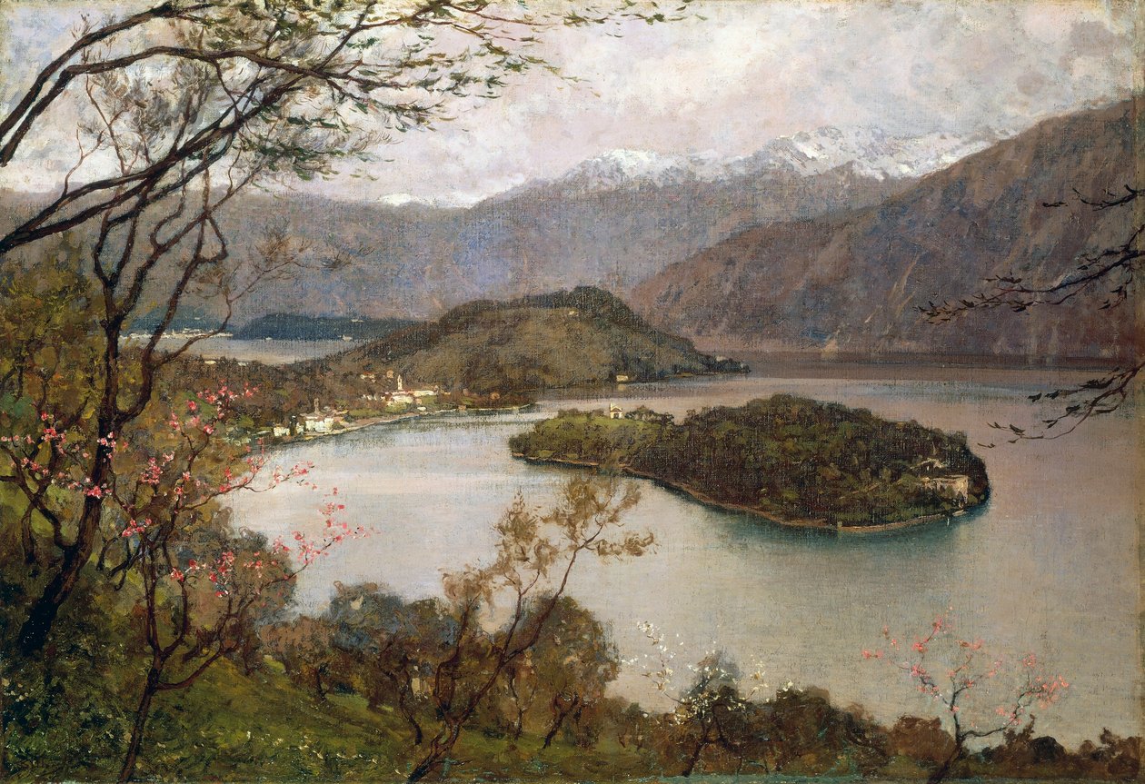 Ansicht der Insel Comacina, Comer See, von Giorgio Belloni (1861-1944), Öl auf Leinwand, 69,5x100 cm von Giorgio Belloni