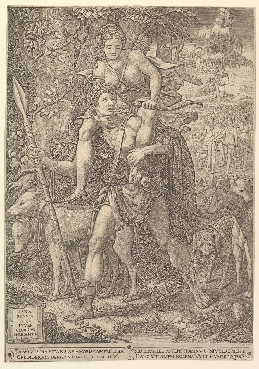 Allegorie der Jagd, ein Jäger mit einem großen Speer trägt eine Frau Diana auf seiner Schulter..., 1556 von Giorgio Ghisi