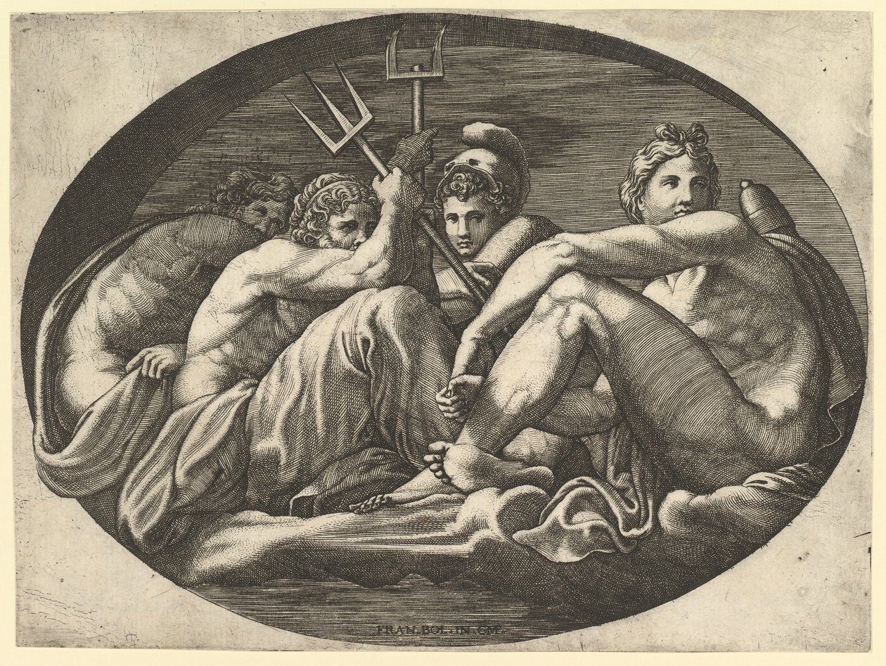 Pluto, Neptun, Minerva und Apollo, aus einer Serie von acht Kompositionen nach Francesco P..., 1560er Jahre von Giorgio Ghisi