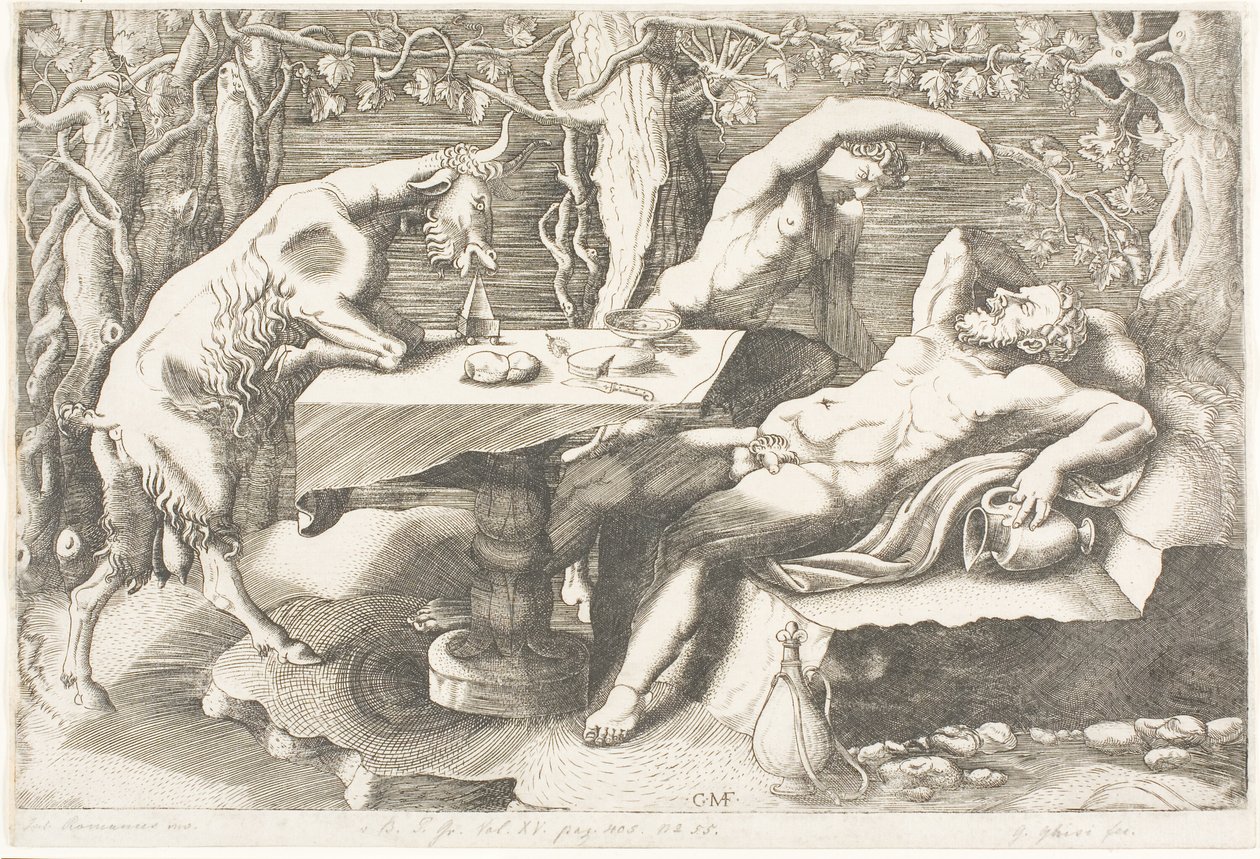 Satyr versucht Silenus mit einer Weinrebe zu wecken von Giorgio Ghisi