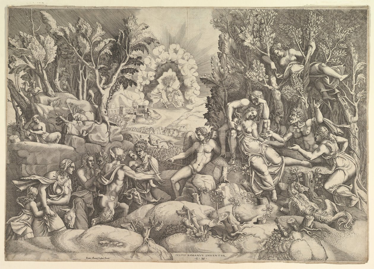 Der Tod von Procris, Cephalus trauert um den Tod von Procris auf der rechten Seite umgeben von..., ca. 1540 von Giorgio Ghisi