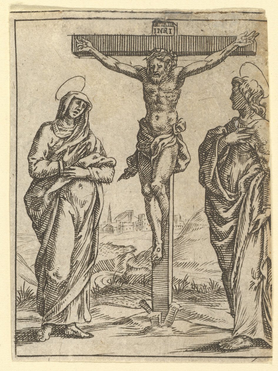 Die Jungfrau der Schmerzen: Die Kreuzigung, eines von neun umliegenden Feldern aus dem V..., vor 1575 von Giorgio Ghisi