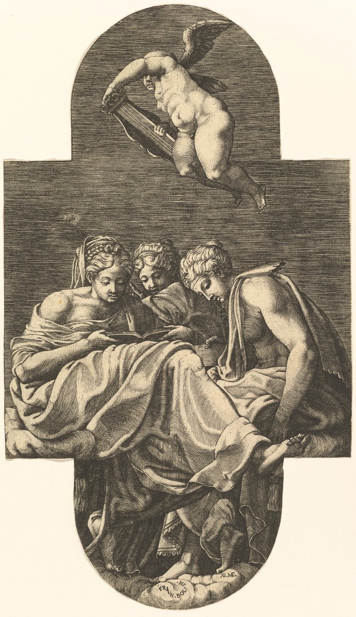 Drei Musen und ein Putto mit einer Lyra, aus einer Serie von acht Kompositionen nach Fran..., 1560er Jahre von Giorgio Ghisi
