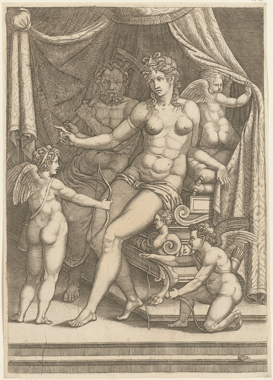 Venus und Vulkan auf einem Bett sitzend von Giorgio Ghisi
