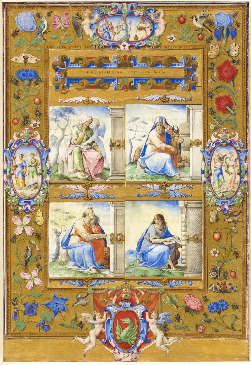 Die vier Evangelisten, innerhalb eines Rahmens aus Blumen, Vögeln und Insekten von Giorgio Giulio Clovio