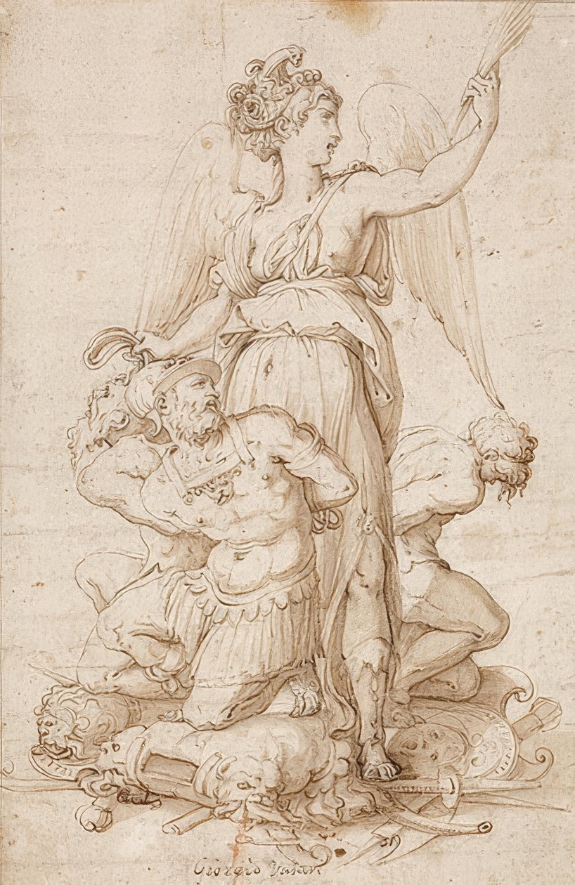 Geflügelte Viktoria mit Palmzweig und drei auf Trophäen knienden Gefangenen von Giorgio Vasari