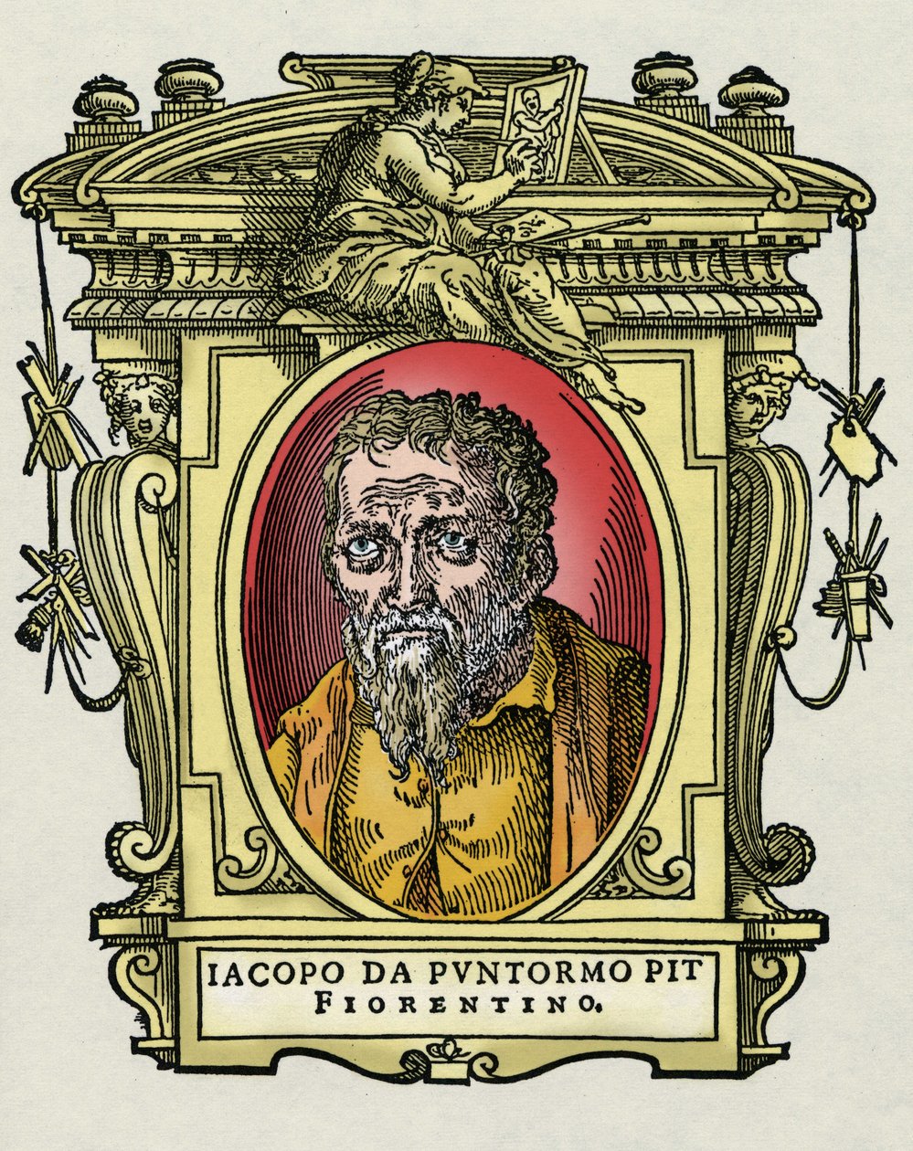 Porträt von Jacopo Carrucci genannt il Pontormo, italienischer Maler. Gravur aus dem Werk Leben der ausgezeichnetsten Maler, Bildhauer und Architekten von Giorgio Vasari von Giorgio Vasari