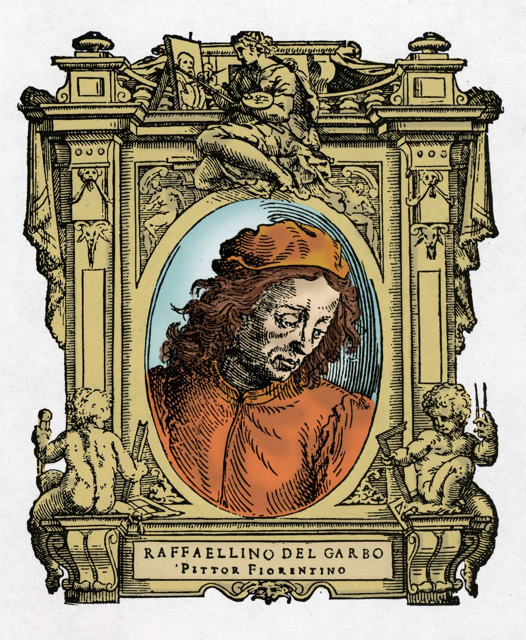 Porträt von Raffaellino del Garbo (Raffaellino de Carli) (1466-1525) italienischer Maler. Gravur aus dem Werk "Lebensläufe der ausgezeichnetsten Maler, Bildhauer und Architekten" (Le Vite de