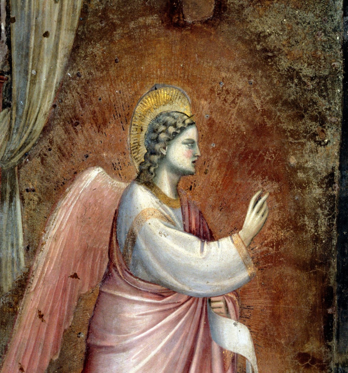 Die Verkündigung, Detail des Erzengels Gabriel, aus der Lünette über dem Altar (Detail) von Giotto di Bondone