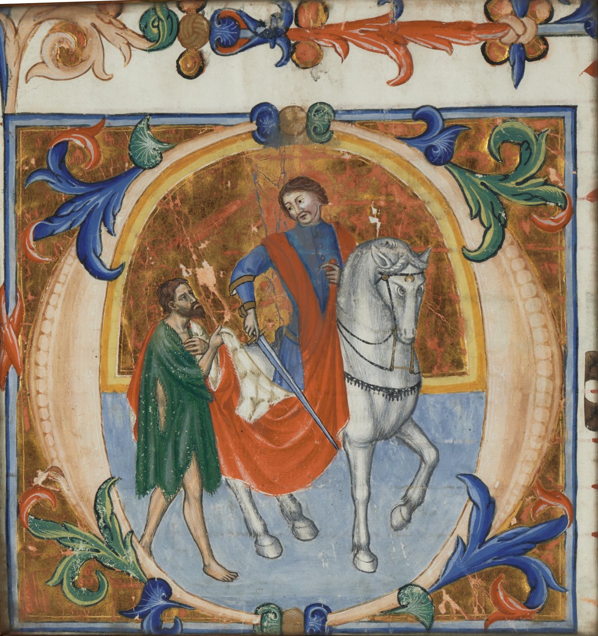 Eine illuminierte Miniatur von St. Martin, der seinen Mantel teilt (aus einem großen Chorbuch) von Giotto di Bondone (school of)