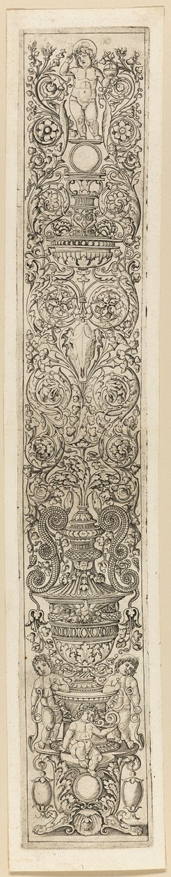 Drei Kinder, die Hörner blasen, Tafel acht von Zwölf Ornamenttafeln von Giovan Pietro Birago