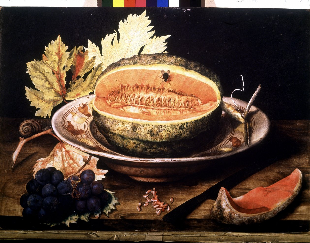 Wassermelone mit Fliege. Öl auf Leinwand von Giovanna Garzoni von Giovanna Garzoni