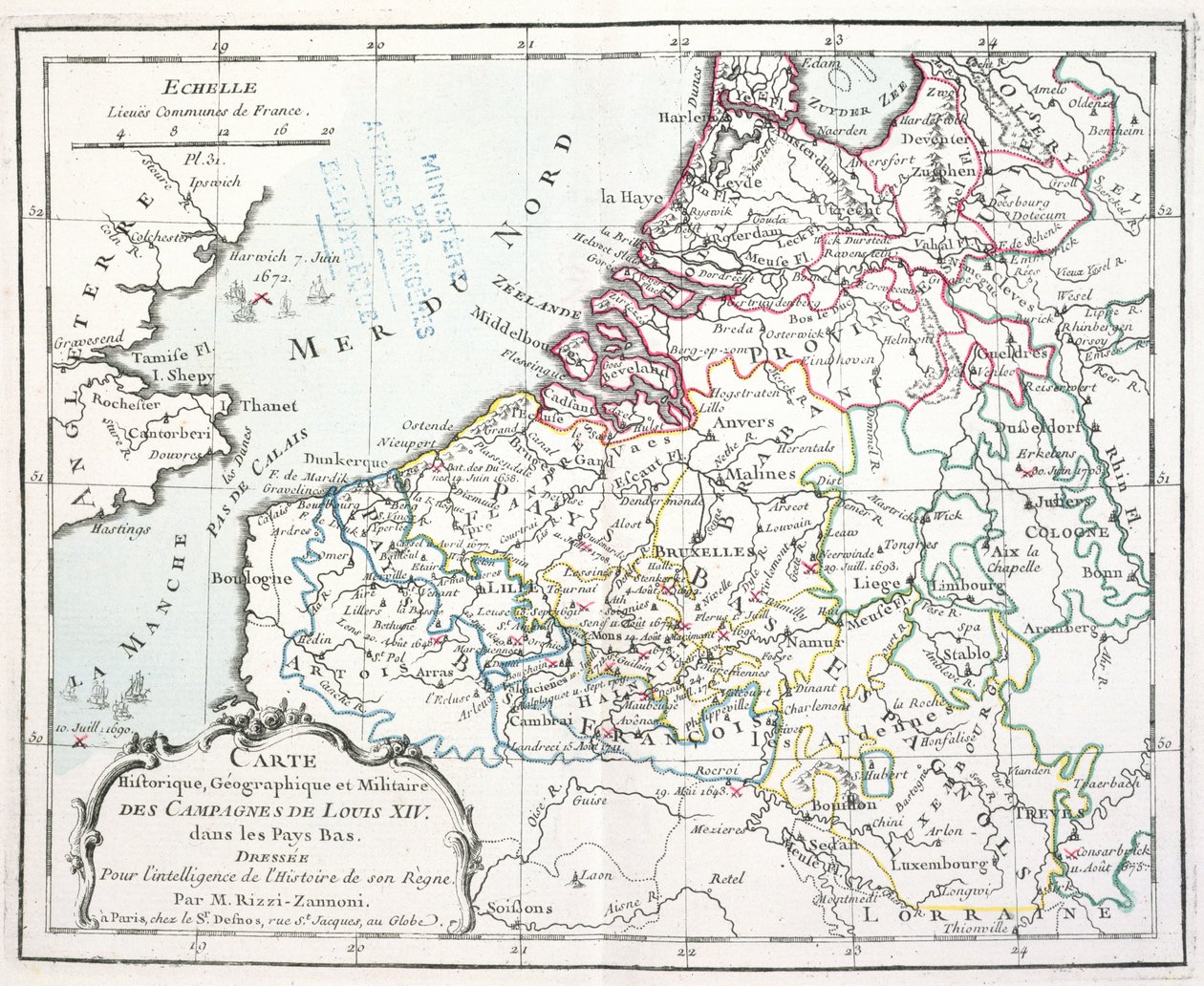 Karte der militärischen Feldzüge von Ludwig XIV. in den Niederlanden, aus Atlas géographique et militaire, veröffentlicht in Paris, 1763 von Giovanni Antonio Rizzi Zannoni
