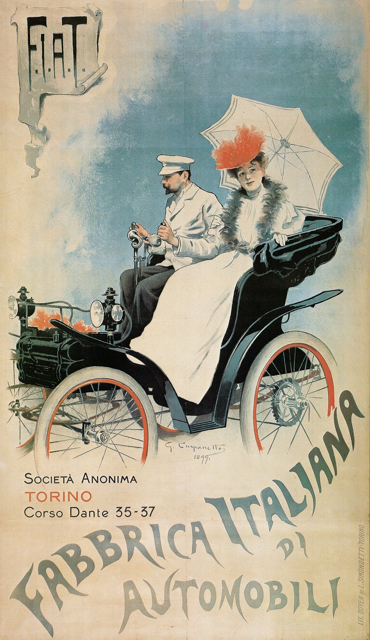 Plakat zur Werbung für ein frühes FIAT-Auto, 1899 von Giovanni Battista Carpanetto