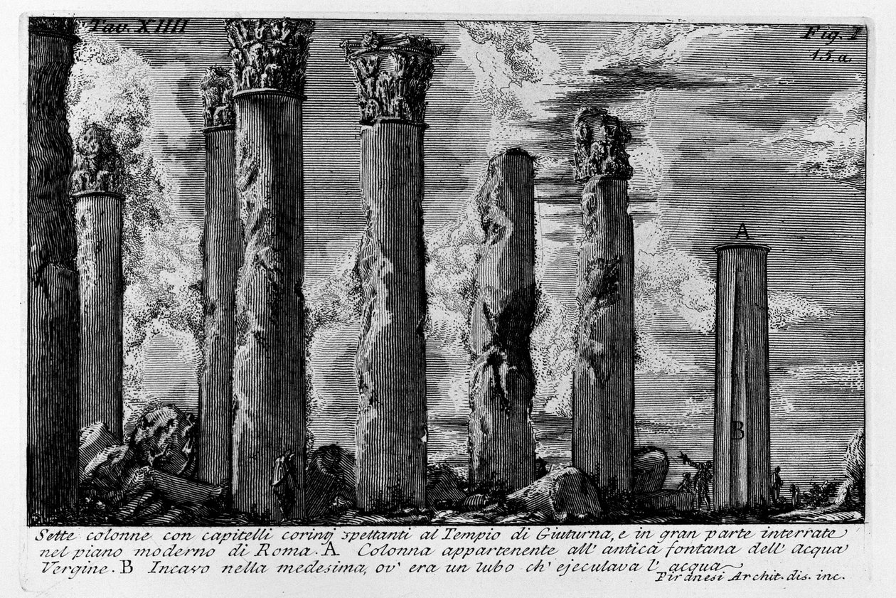Sieben Säulen mit korinthischen Kapitellen, die zum Tempel der Giuturna gehören und größtenteils im modernen Rom vergraben sind von Giovanni Battista Piranesi