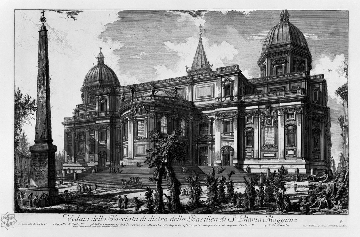 Ansicht der Rückfassade der Basilika Santa Maria Maggiore, Sixtus V. Kapelle, Paul V. Kapelle, Esquilino Obelisk, gefunden in den Ruinen des Mausoleums von Augustus und von Sixtus V. hierher transportiert und errichtet, Villa Montalto von Giovanni Battista Piranesi