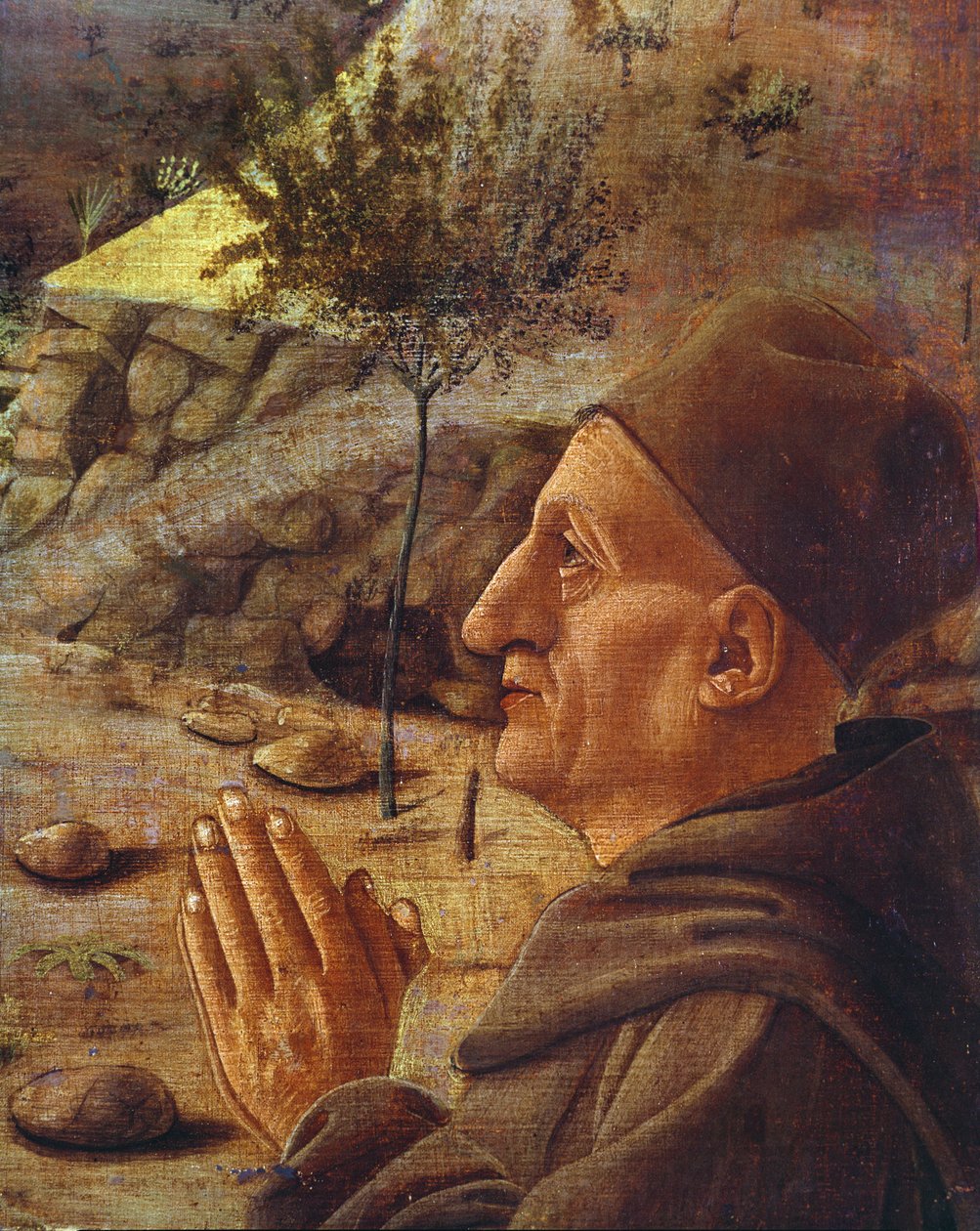 Die Kreuzigung (Detail) des Kopfes des Stifters von Giovanni Bellini