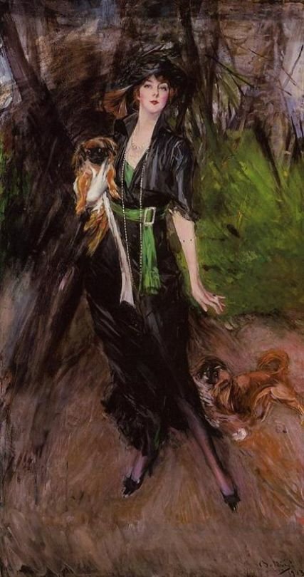 Porträt von Lady Lina Bilitis mit zwei Pekinesen von Giovanni Boldini