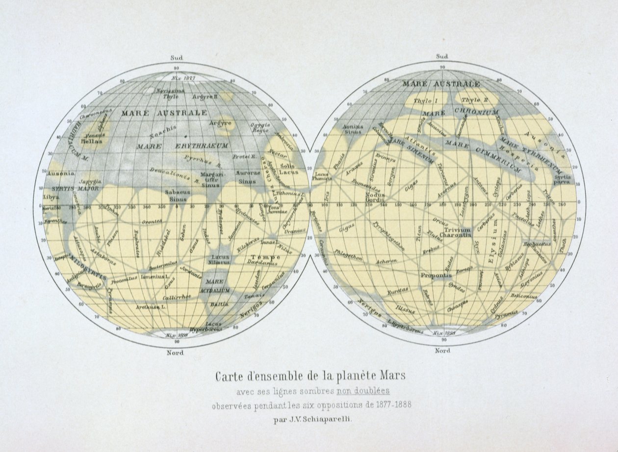 Zusammengesetzte Karte des Planeten Mars, basierend auf Beobachtungen während sechs Oppositionen in den Jahren 1877-88 von Giovanni Schiaparelli