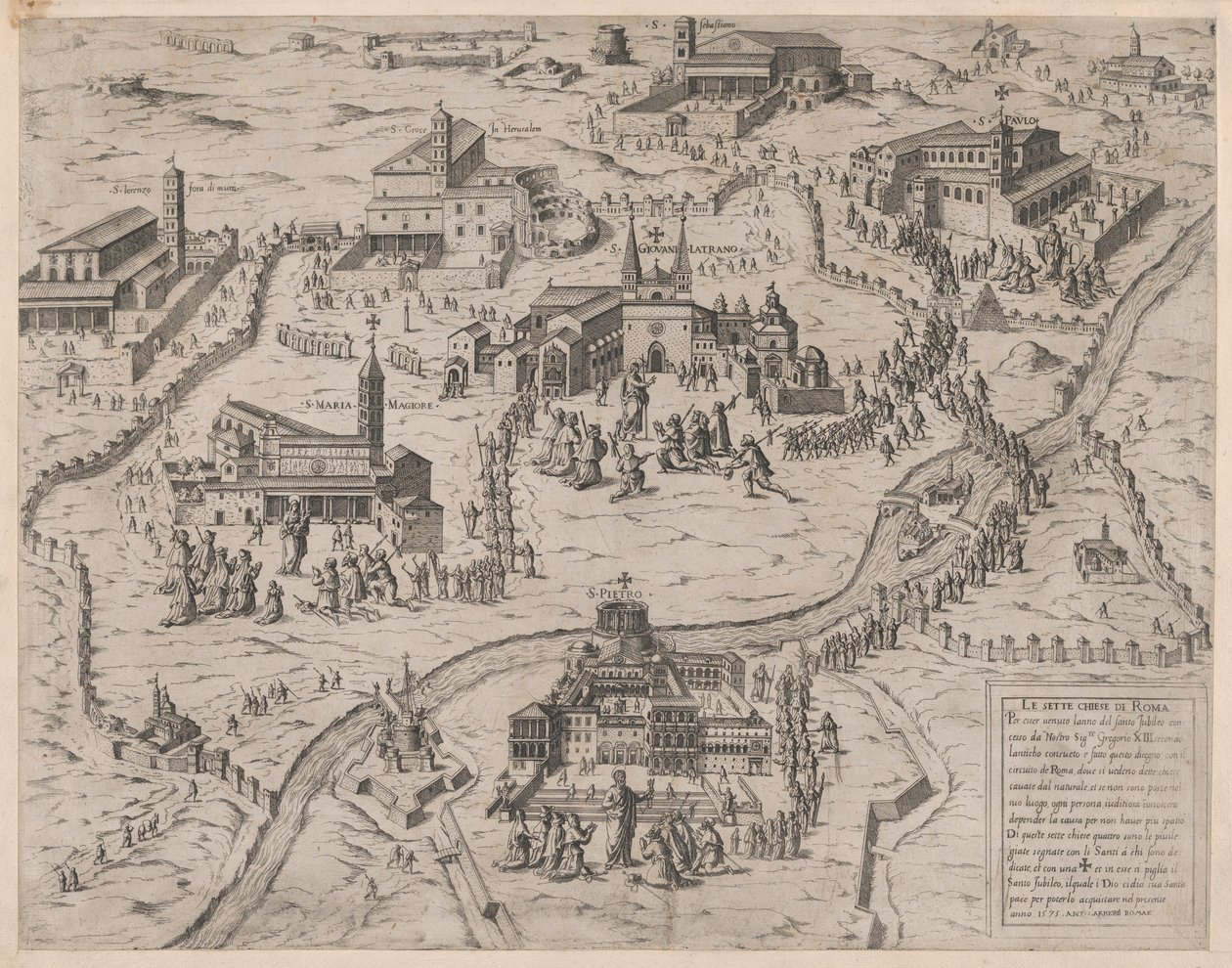 Speculum Romanae Magnificentiae: Die sieben Kirchen von Rom Le Sette Chiese di Roma, 1575 von Giovanni Ambrogio Brambilla.