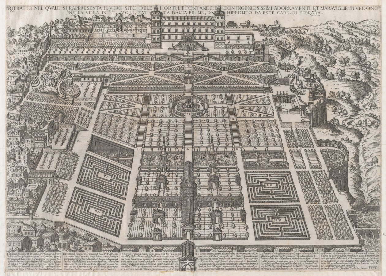 Speculum Romanae Magnificentiae: Tivoli-Palast und Gärten, 1581 von Giovanni Ambrogio Brambilla.