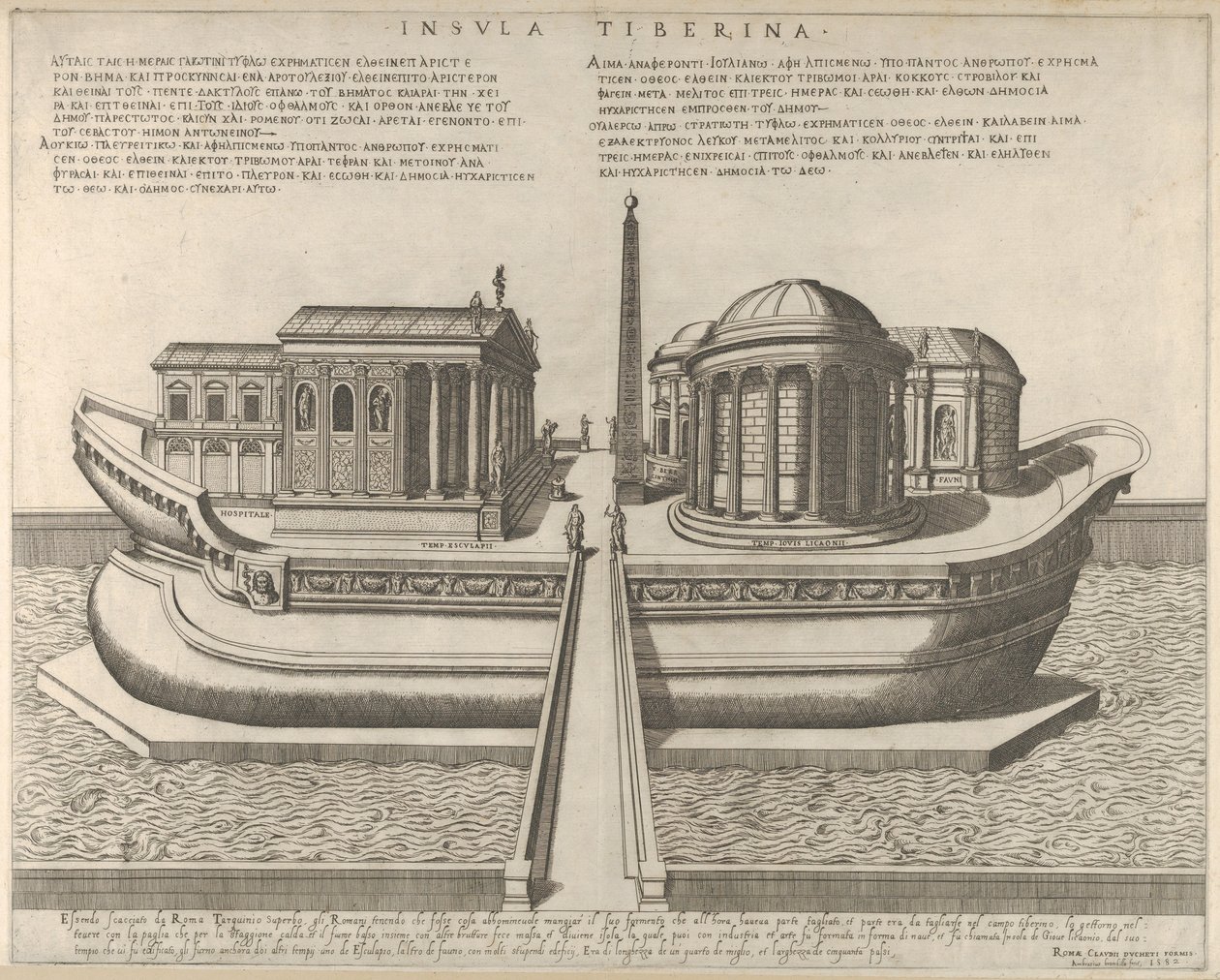 Ansicht der Tiberinsel als Schiff dargestellt, der Tempel des Äskulap links von Giovanni Ambrogio Brambilla