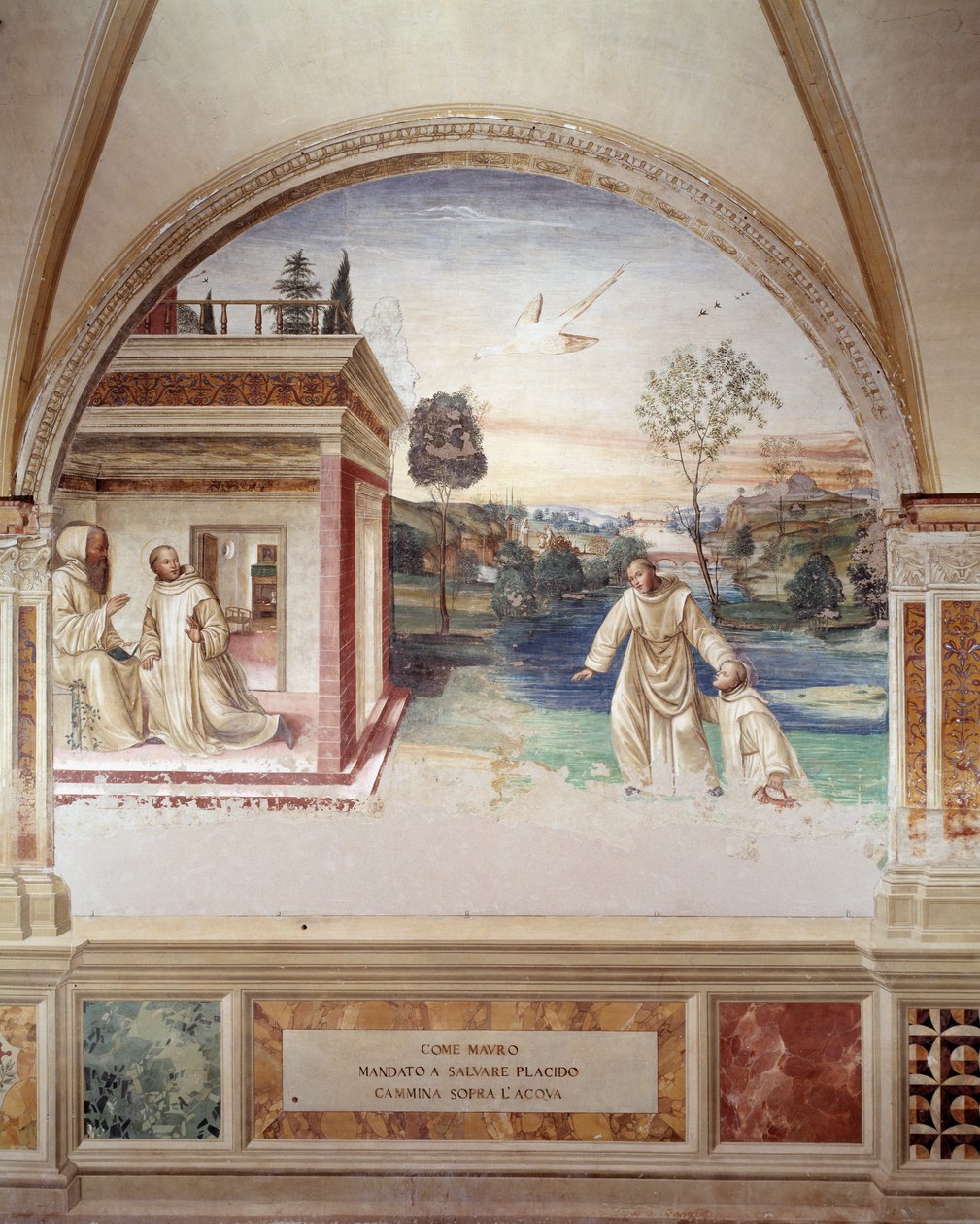 Maurus geht auf dem Wasser, um St. Placidus zu retten, Fresko des Kreuzgangs von Antonio Bazzi genannt il Sodoma (1477 - 1549), das das Leben von St. Benedikt von Nursia (480 - 567) erzählt, Gründer des Benediktinerordens von Giovanni Antonio Bazzi Sodoma