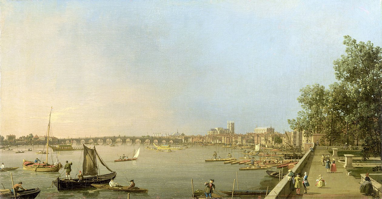 Die Themse von der Terrasse des Somerset House, Blick flussaufwärts Richtung Westminster und Whitehall, ca. 1750 von Giovanni Antonio Canal