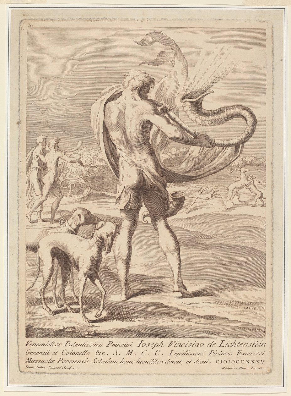 Nackter Mann, der eine Muschel bläst von Giovanni Antonio Faldoni after Parmigianino