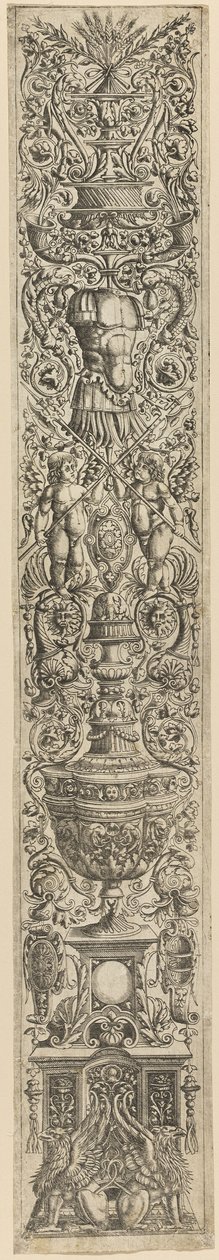 Greifen und zwei Cupidos, die Hellebarden kreuzen, Platte fünf von Zwölf Ornamenttafeln von Giovanni Antonio da Brescia