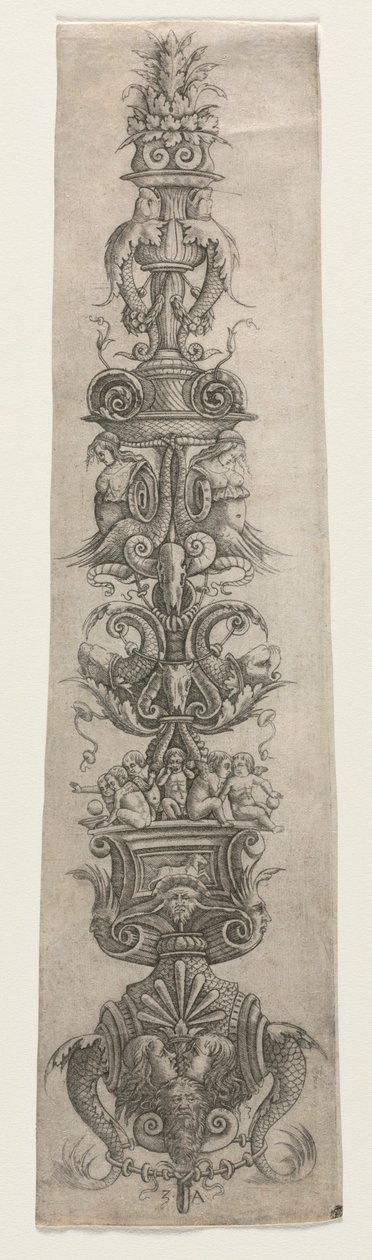 Aufrechte Arabeske mit Masken, Cupidos und Nereiden von Giovanni Antonio da Brescia