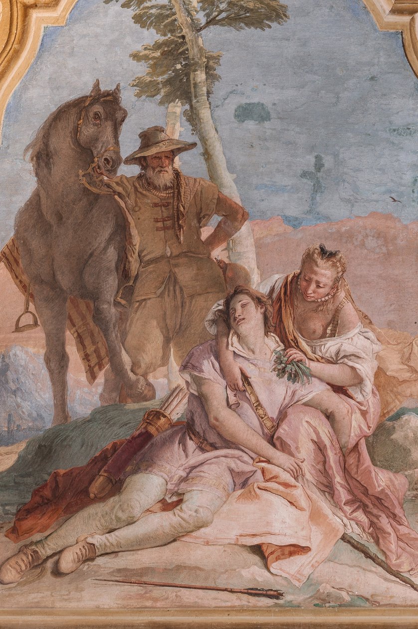 Palazzina (Kleines Gebäude): zweiter Raum oder Raum von Ariosto mit Fresken, die Episoden aus "Orlando Furioso" darstellen: "Angelica pflegt Medoros Wunden" von Giovanni Battista Tiepolo
