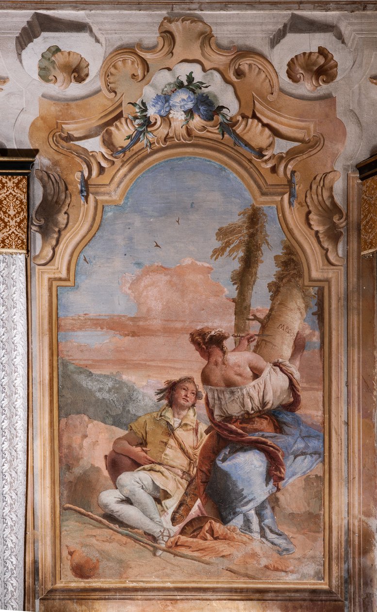 Palazzina: Zweiter Raum oder Raum von Ariosto mit Fresken aus Orlando Furioso: Angelica und Medoro ritzen ihre Namen in die Rinde der Pflanzen von Giovanni Battista Tiepolo