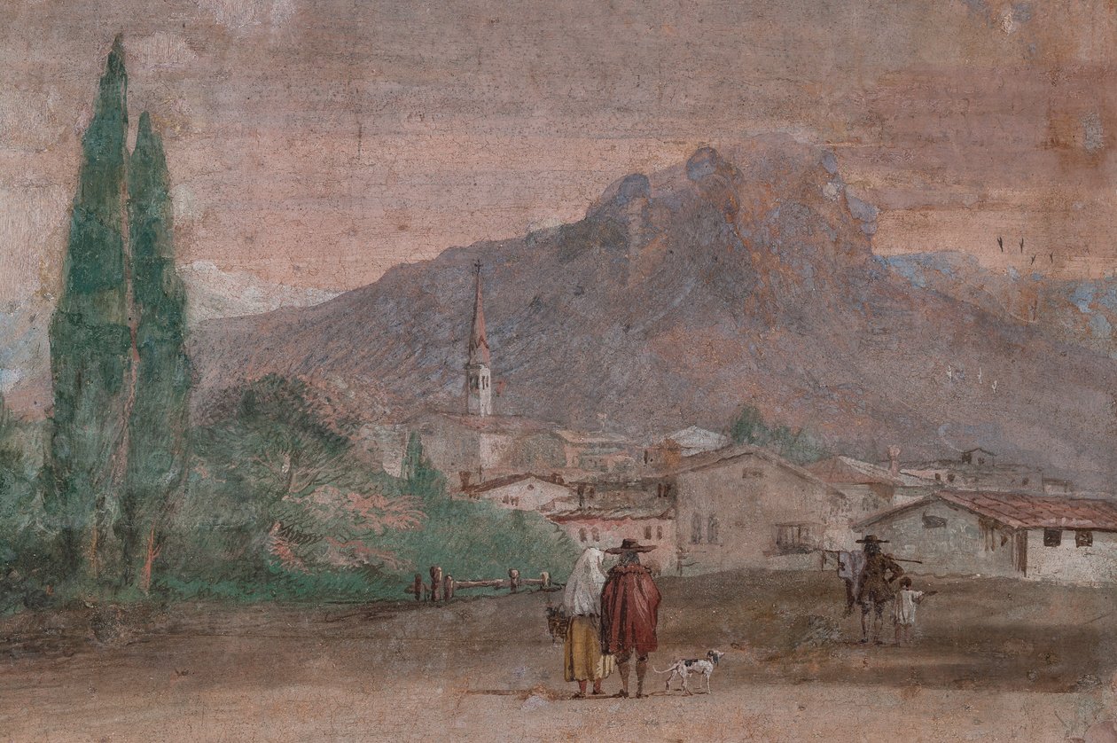 Palazzina: Ansicht des ersten Raums und seiner Fresken aus der Ilias: Amor mit Pfeilen fliegt über eine venezianische Landschaft (Detail) von Giovanni Battista Tiepolo