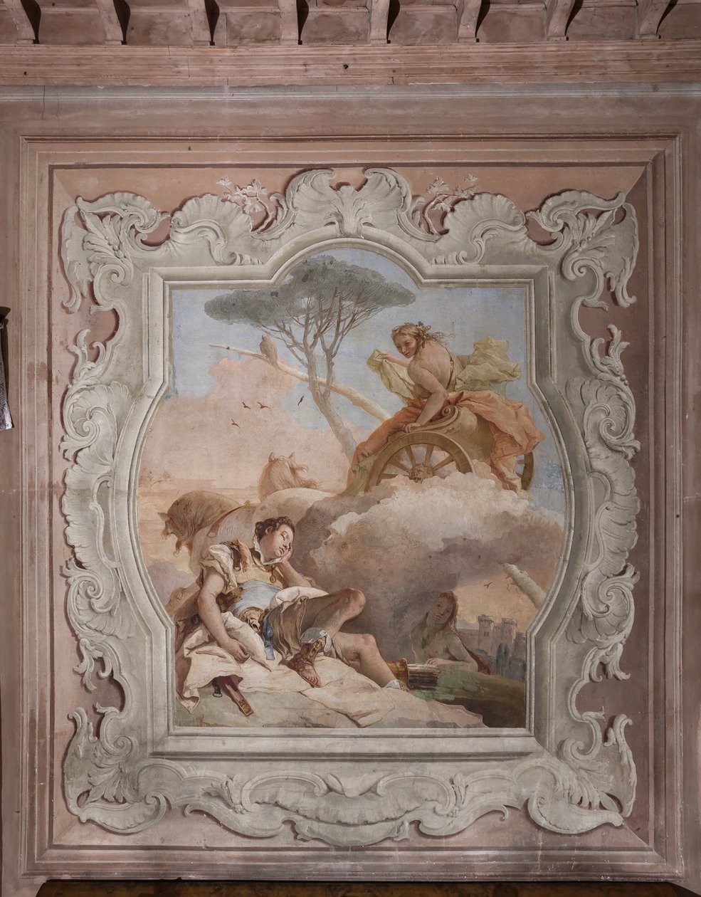 Palazzina (Kleines Gebäude): Ansicht des vierten Raums oder von Torquato Tasso, mit Fresken, die Episoden aus "Das befreite Jerusalem" darstellen: "Die Hexe Armida sieht Rinaldo, der schläft, und verliebt sich in ihn" von Giovanni Battista Tiepolo