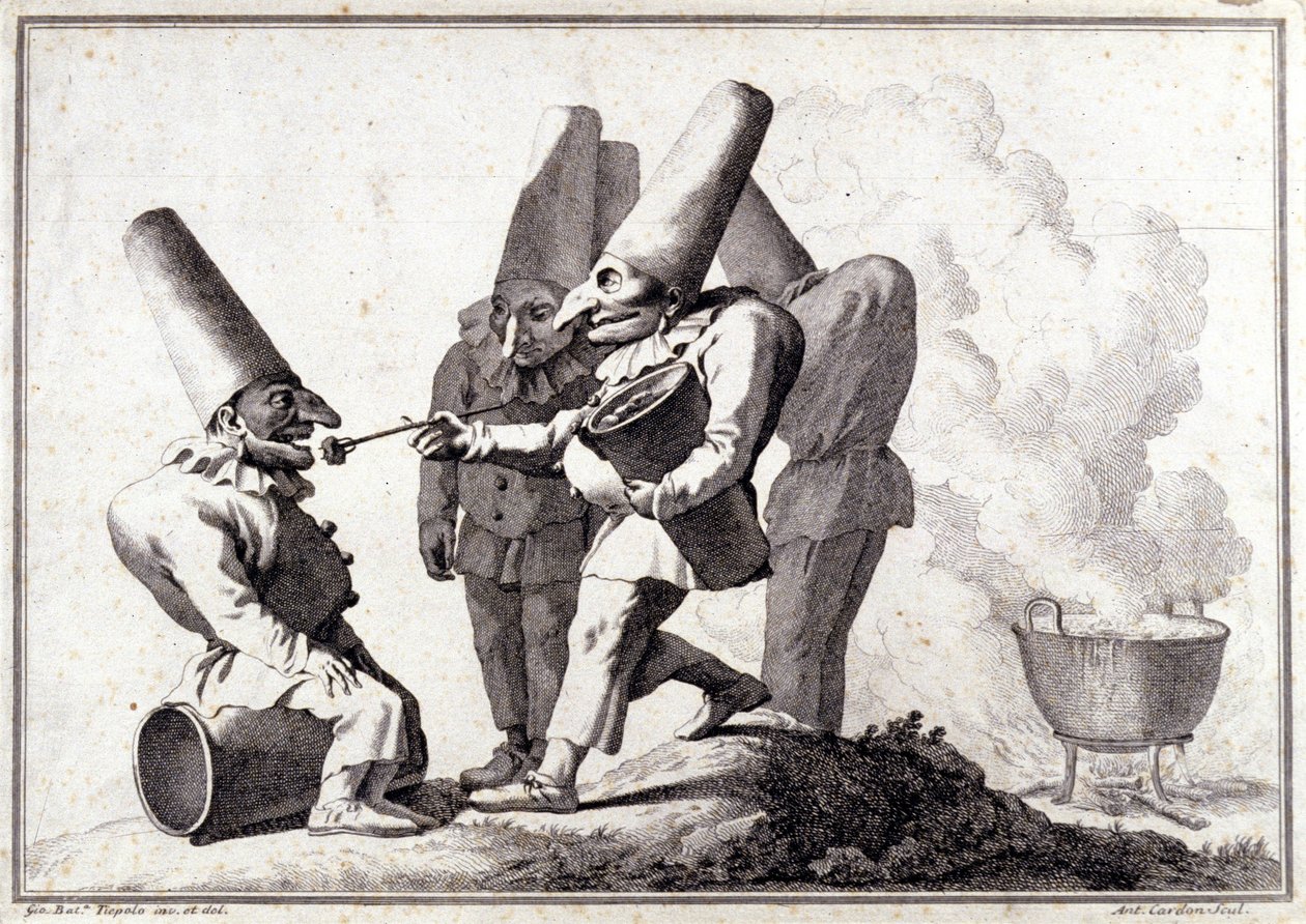 Die Gruppe von Pulcinella (italienischer Polichinelle). Zeichnung in Feder und Waschung auf Bleistiftmarkierung von Giovanni Battista (Giambattista) Tiepolo (1696-1770) von Giovanni Battista Tiepolo
