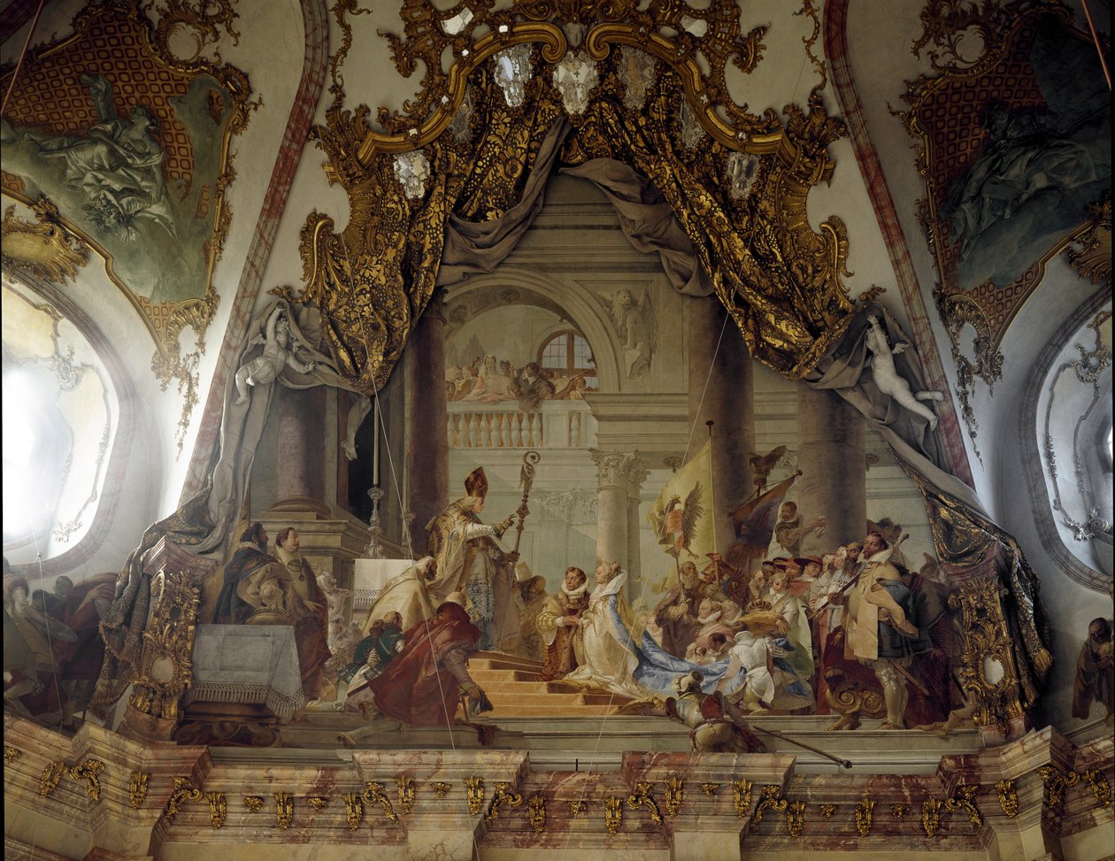Die Hochzeit von Beatrice von Burgund und Friedrich I. von Hohenstaufen (1122-1190) bekannt als Friedrich Barbarossa, König von Deutschland und Kaiser des Heiligen Römischen Reiches im Jahr 1156 von Giovanni Battista Tiepolo