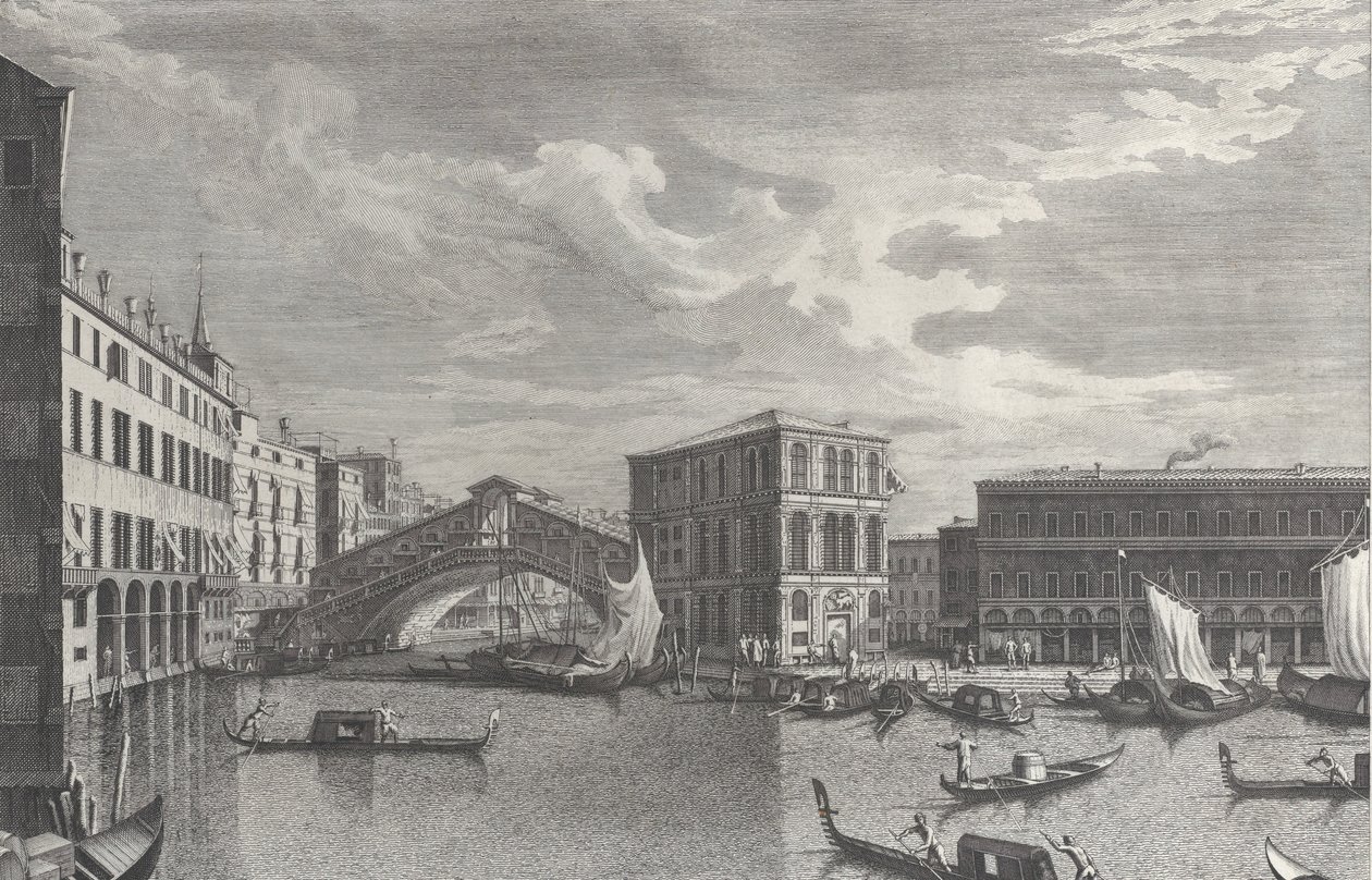 Die Rialtobrücke, Venedig, mit Booten und Gondeln im Wasser von Giovanni Battista Brostoloni