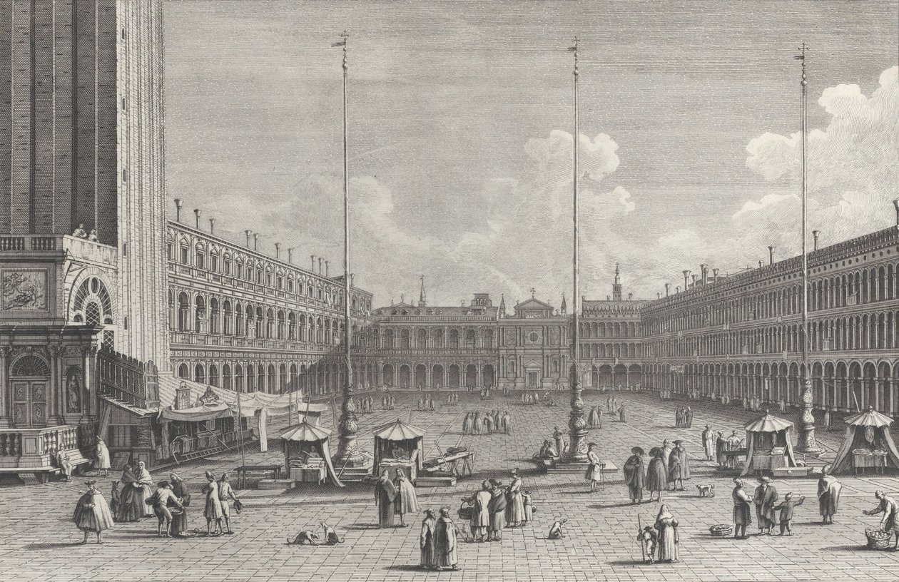 Ansicht der Piazza San Marco, mit der Kirche San Geminiano am Ende und Figuren, 1763 von Giovanni Battista Brostoloni