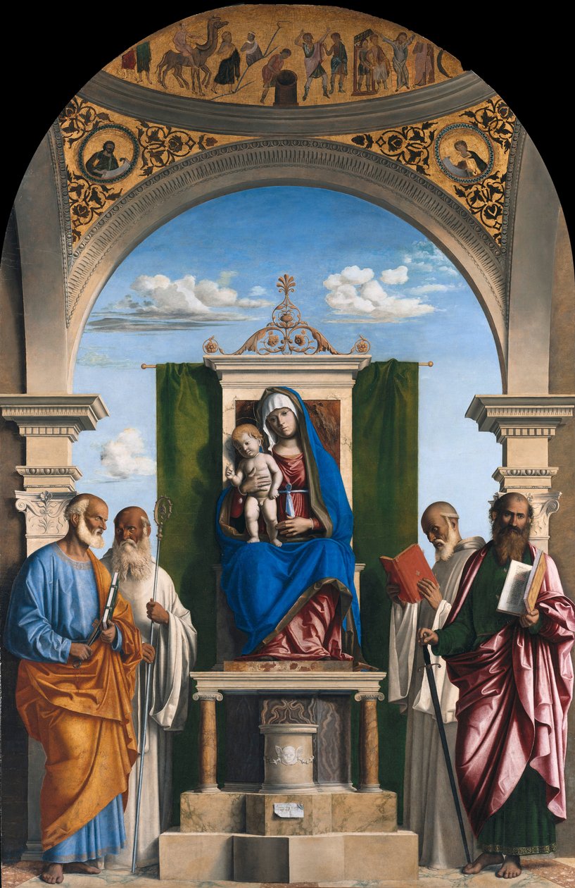 Thronende Madonna mit Kind und den Heiligen Petrus, Romualdus, Benedikt und Paulus von Giovanni Battista Cima da Conegliano