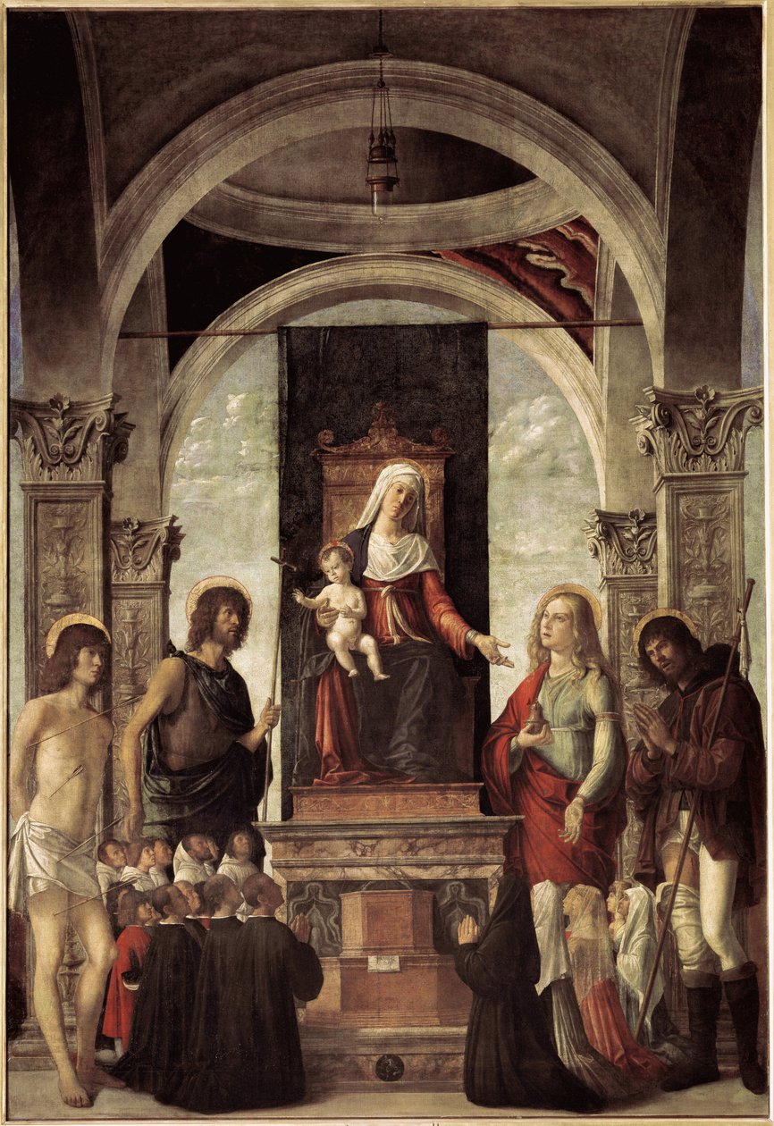 Heilige Konversation, Jungfrau mit Kind umgeben von St. Johannes dem Täufer, St. Sebastian, St. Rochus, St. Maria Magdalena von Giovanni Battista Cima da Conegliano