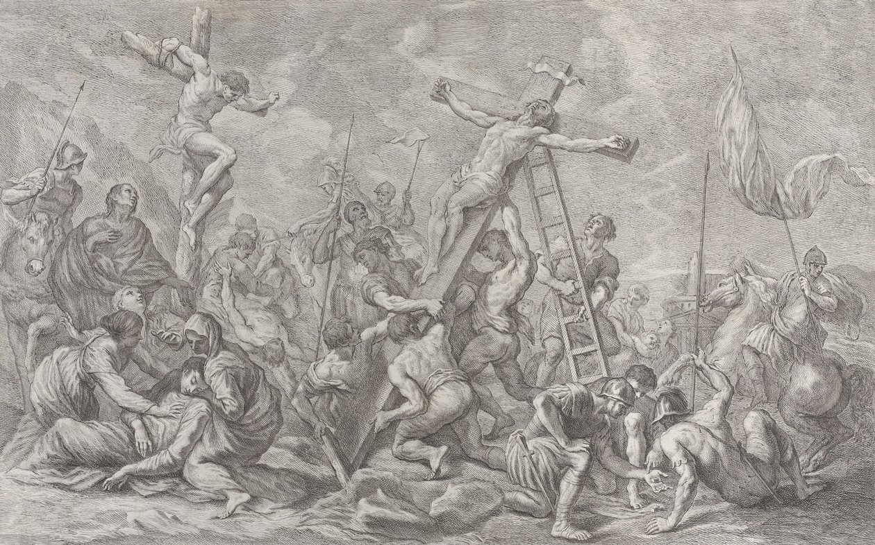 Die Kreuzigung, mit der Abnahme des Kreuzes in der Mitte, Soldaten überall und ein Dieb... von Giovanni Battista Cipriani