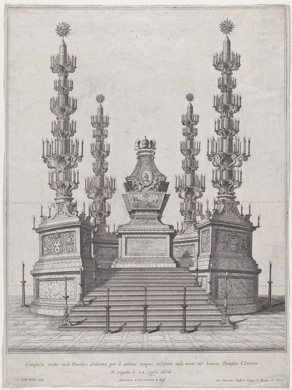 Katafalk für Papst Clemens X., zentrale Struktur auf einer fünfzehnstufigen Plattform, 1676 von Giovanni Battista Falda